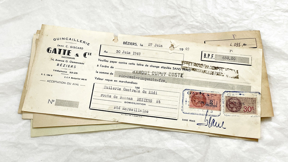 1940s - Lot of 6 Vintage French Bills of Exchange – Handwritten Commercial Documents with Stamps
