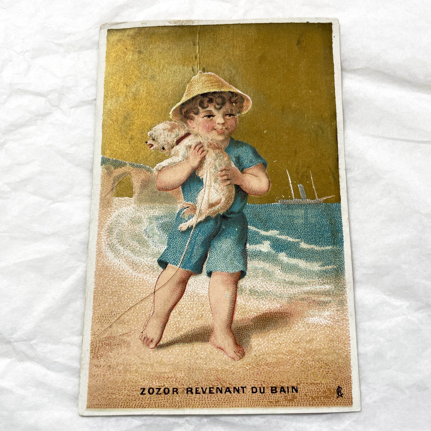 Late 19th - Antique French Chromos - Set of Four Vintage Children Beach Seaside Gold Background Illustrations - Collectible Art Print