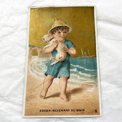 Late 19th - Antique French Chromos - Set of Four Vintage Children Beach Seaside Gold Background Illustrations - Collectible Art Print