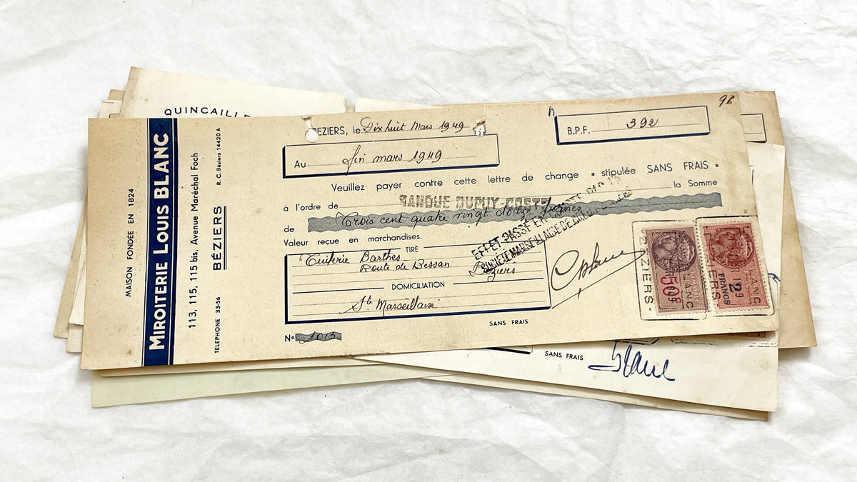1940s - Lot of 6 Vintage French Bills of Exchange – Handwritten Commercial Documents with Stamps