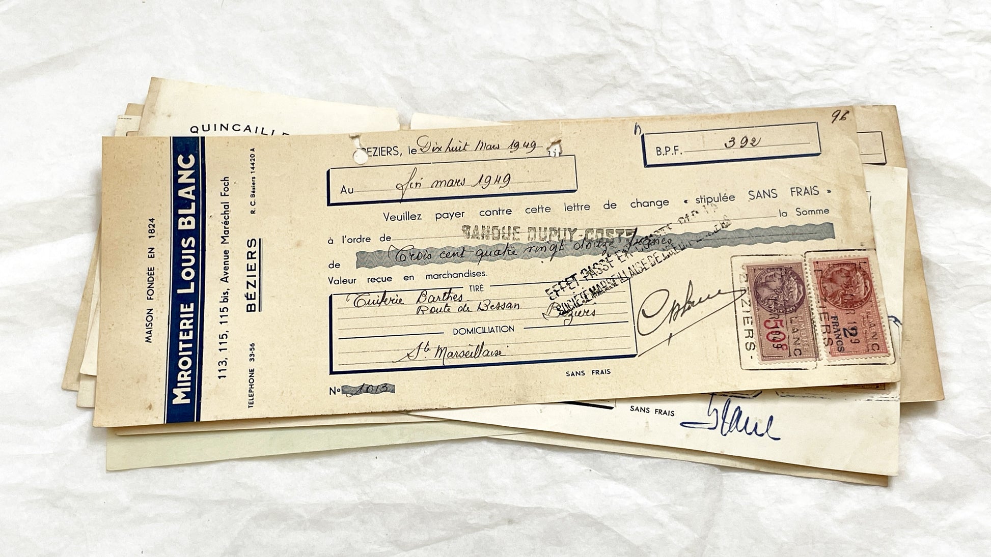 1940s - Lot of 6 Vintage French Bills of Exchange – Handwritten Commercial Documents with Stamps