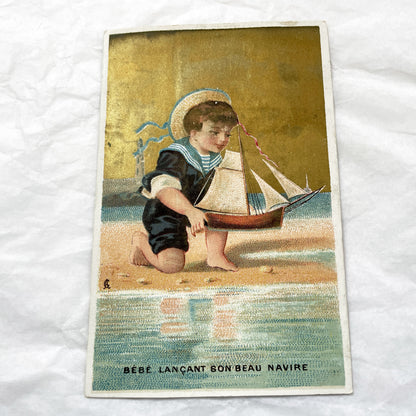 Late 19th - Antique French Chromos - Set of Four Vintage Children Beach Seaside Gold Background Illustrations - Collectible Art Print