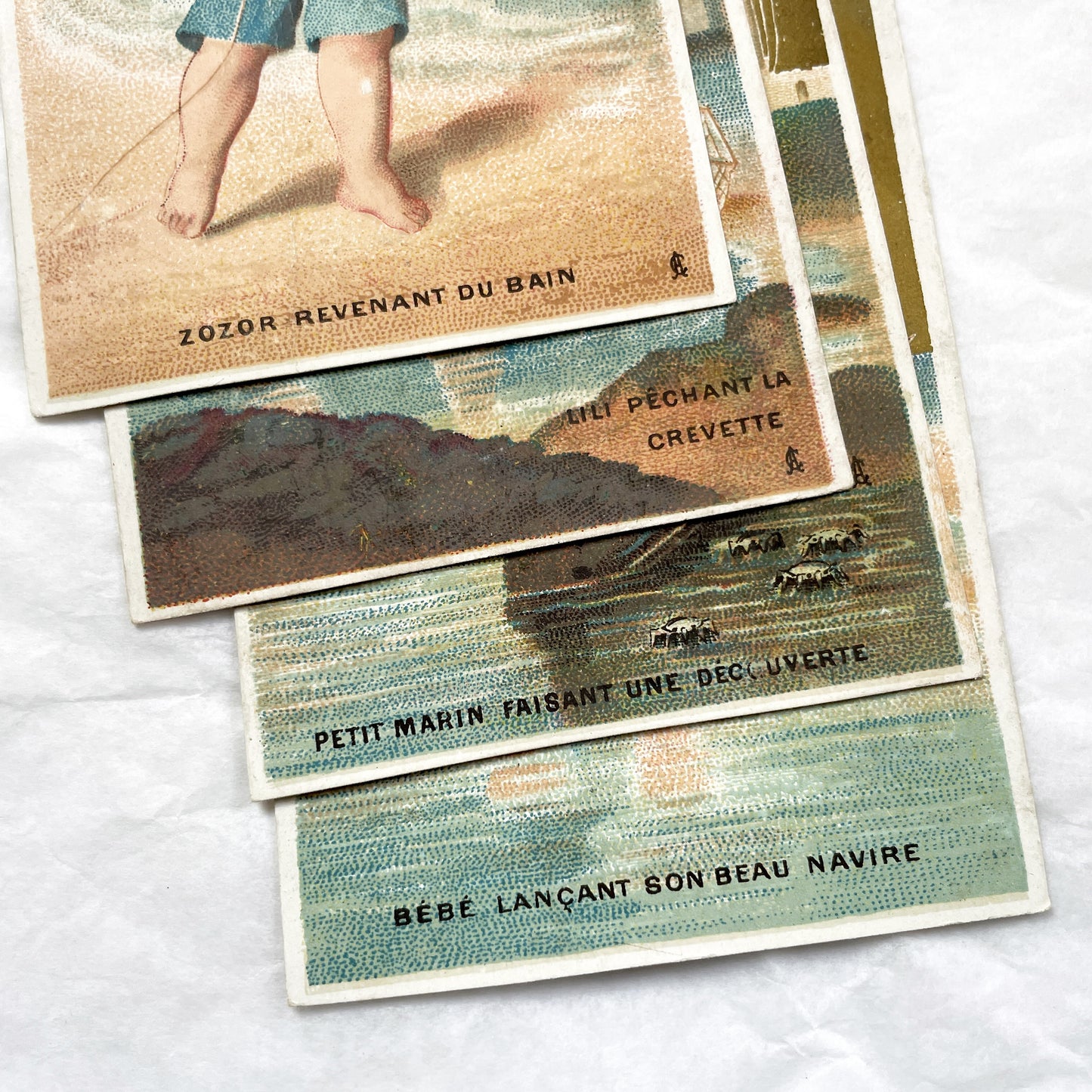 Late 19th - Antique French Chromos - Set of Four Vintage Children Beach Seaside Gold Background Illustrations - Collectible Art Print