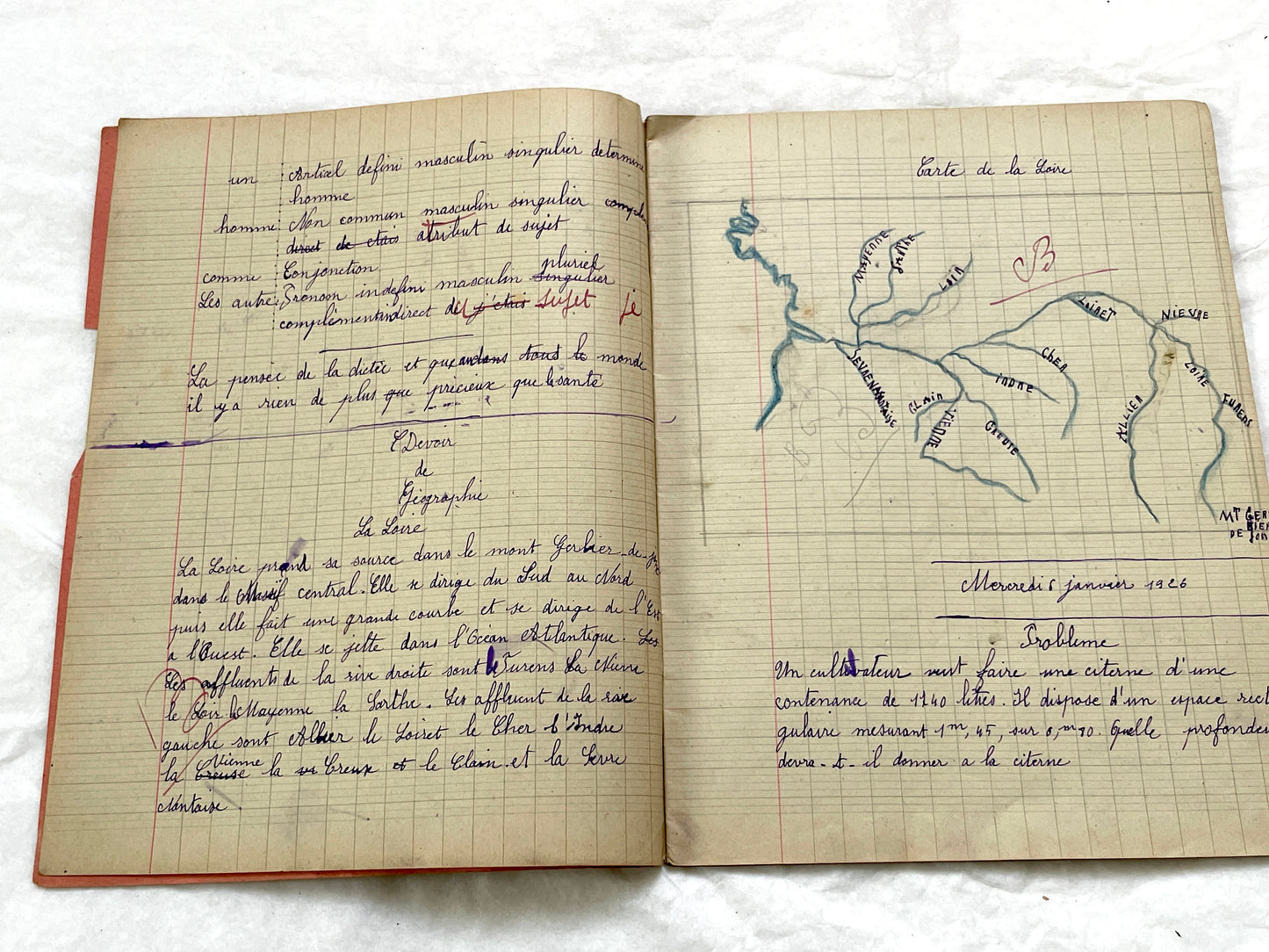 1920s - French Schoolgirl's Antique Class Notebook - Handwritten Lessons & Maps - Vintage Educational Ephemera Manuscript Journal