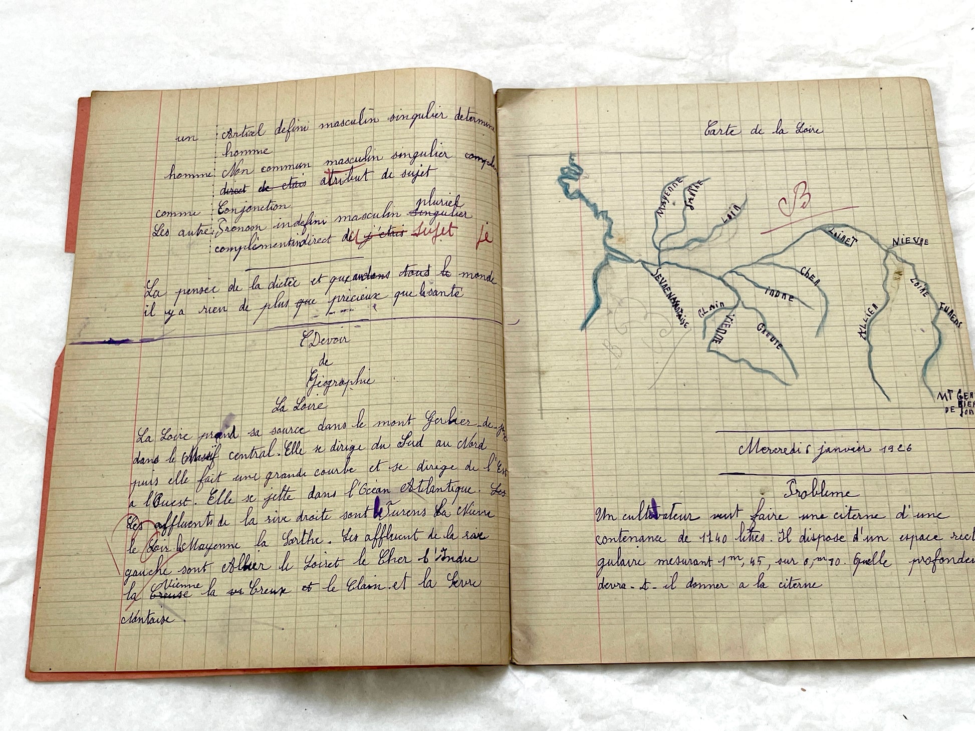 1920s - French Schoolgirl's Antique Class Notebook - Handwritten Lessons & Maps - Vintage Educational Ephemera Manuscript Journal