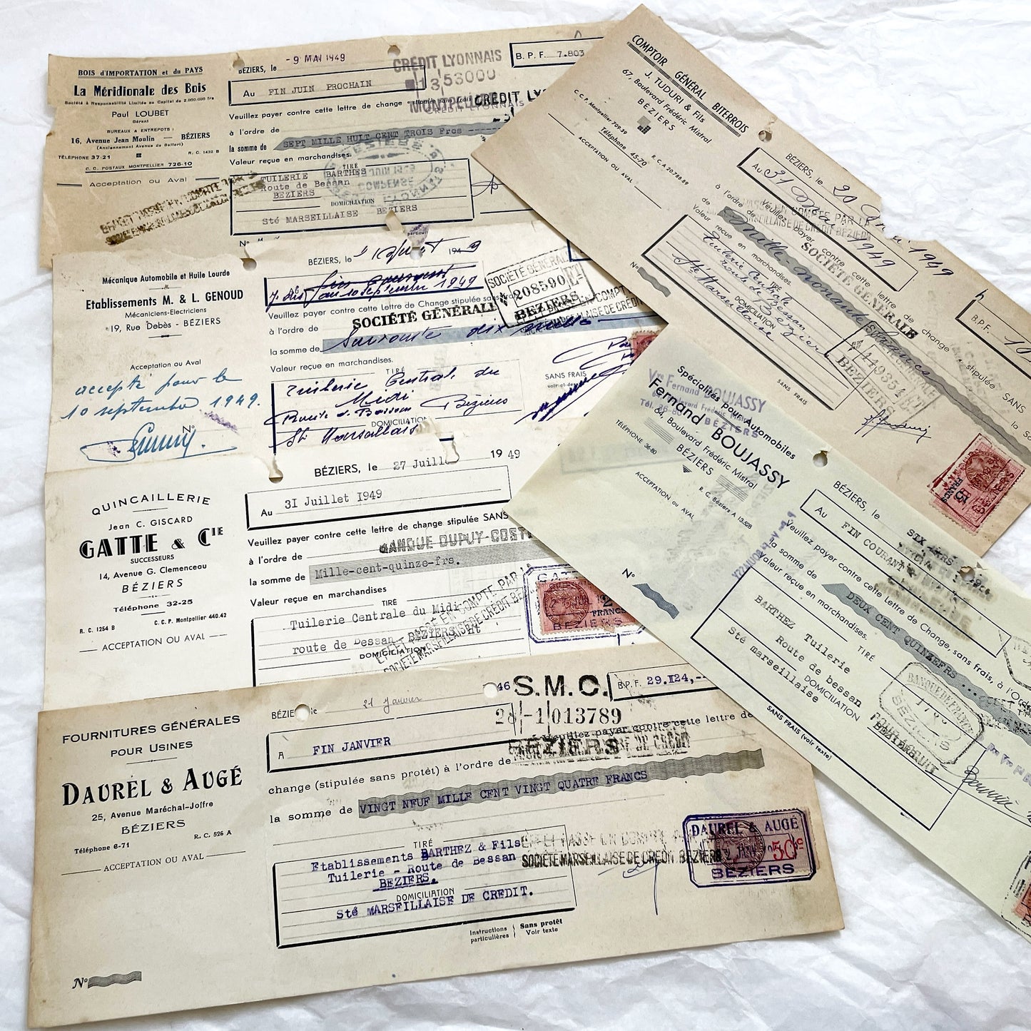 1940s - Lot of 6 Vintage French Bills of Exchange – Handwritten Commercial Documents with Stamps