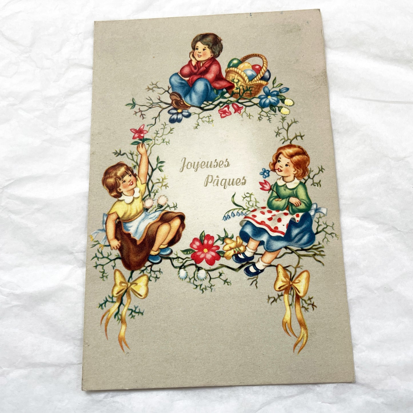 1950s - Vintage French Easter Postcard - Children With Egg Basket & Floral Wreath - Antique Holiday Greeting - Collectible Paper