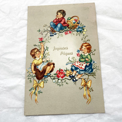 1950s - Vintage French Easter Postcard - Children With Egg Basket & Floral Wreath - Antique Holiday Greeting - Collectible Paper