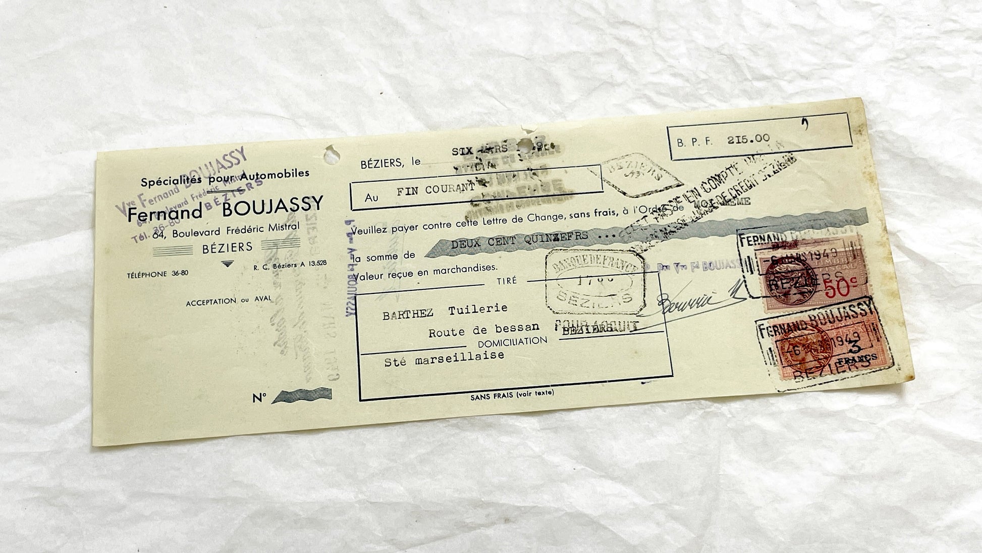 1940s - Lot of 6 Vintage French Bills of Exchange – Handwritten Commercial Documents with Stamps