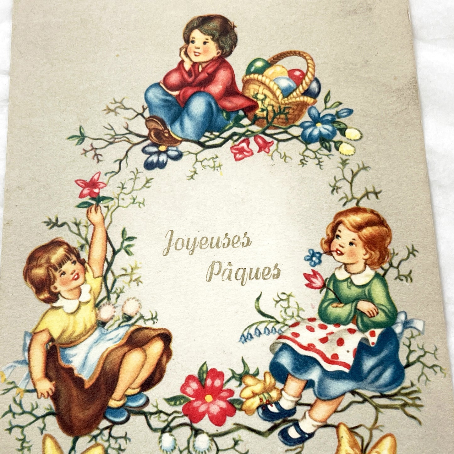 1950s - Vintage French Easter Postcard - Children With Egg Basket & Floral Wreath - Antique Holiday Greeting - Collectible Paper