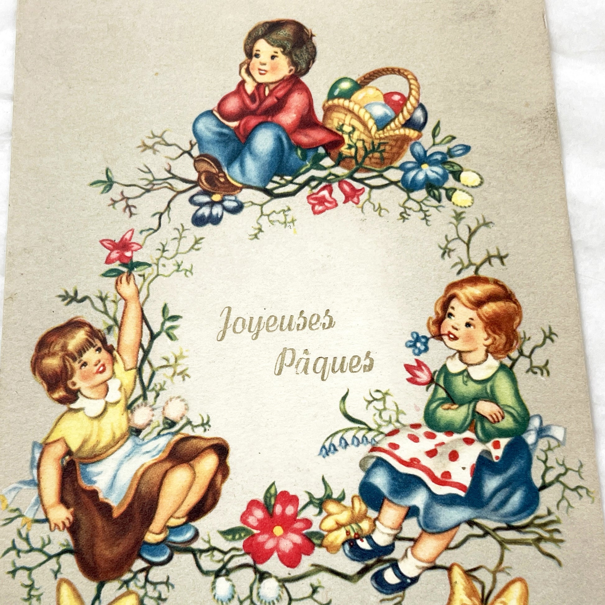 1950s - Vintage French Easter Postcard - Children With Egg Basket & Floral Wreath - Antique Holiday Greeting - Collectible Paper