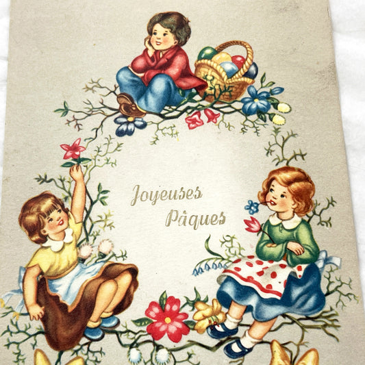 1950s - Vintage French Easter Postcard - Children With Egg Basket & Floral Wreath - Antique Holiday Greeting - Collectible Paper