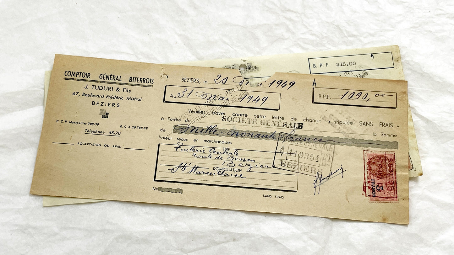 1940s - Lot of 6 Vintage French Bills of Exchange – Handwritten Commercial Documents with Stamps