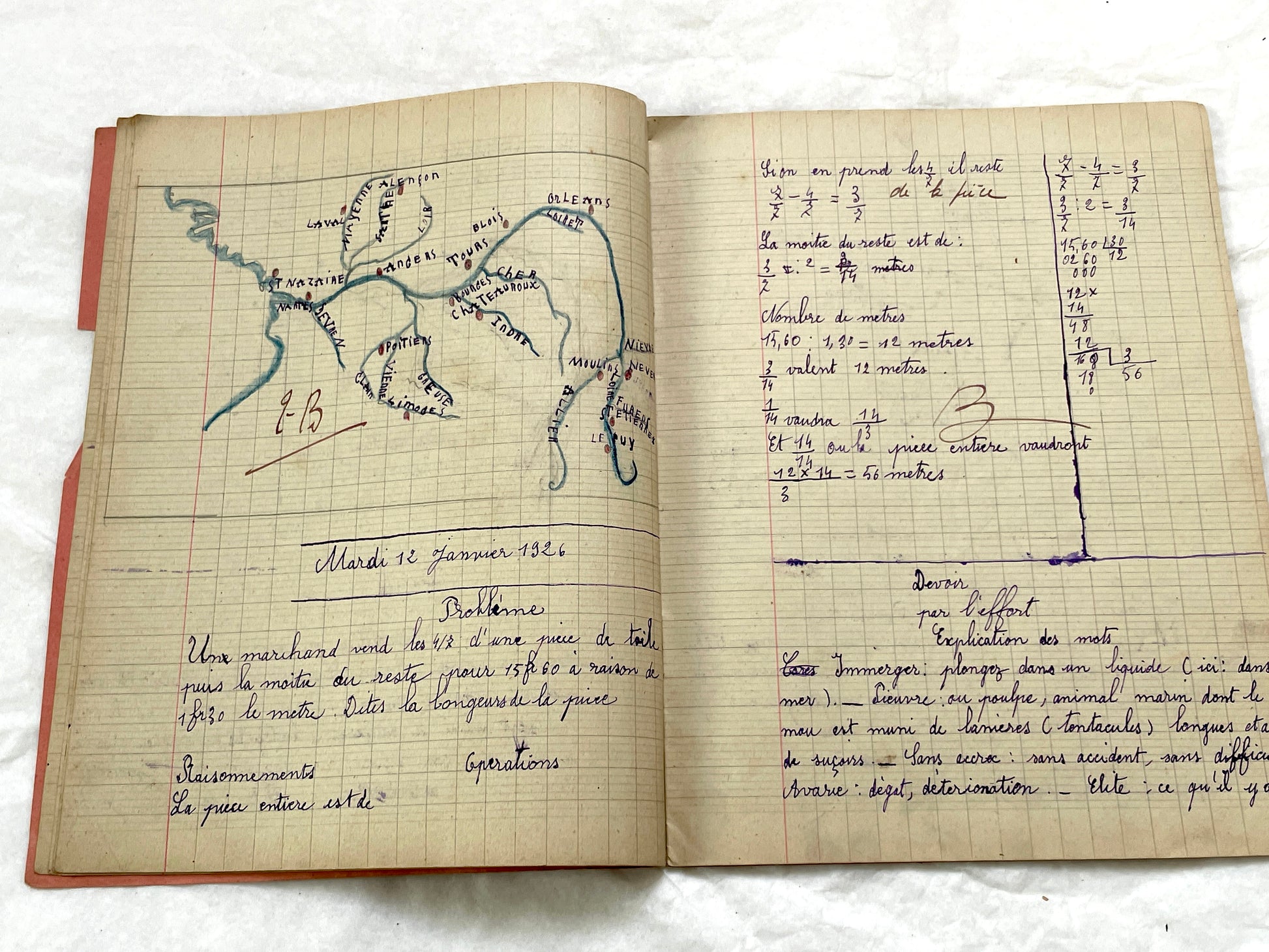 1920s - French Schoolgirl's Antique Class Notebook - Handwritten Lessons & Maps - Vintage Educational Ephemera Manuscript Journal