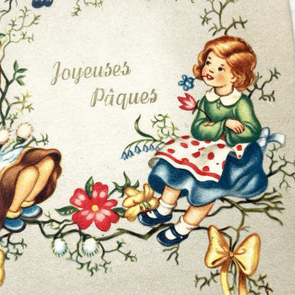 1950s - Vintage French Easter Postcard - Children With Egg Basket & Floral Wreath - Antique Holiday Greeting - Collectible Paper