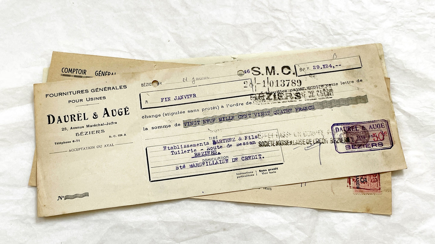 1940s - Lot of 6 Vintage French Bills of Exchange – Handwritten Commercial Documents with Stamps