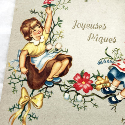 1950s - Vintage French Easter Postcard - Children With Egg Basket & Floral Wreath - Antique Holiday Greeting - Collectible Paper
