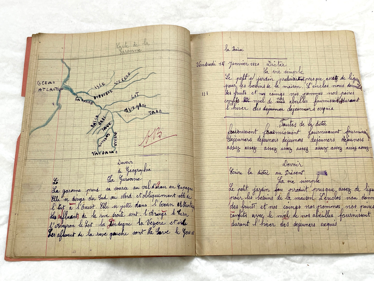 1920s - French Schoolgirl's Antique Class Notebook - Handwritten Lessons & Maps - Vintage Educational Ephemera Manuscript Journal