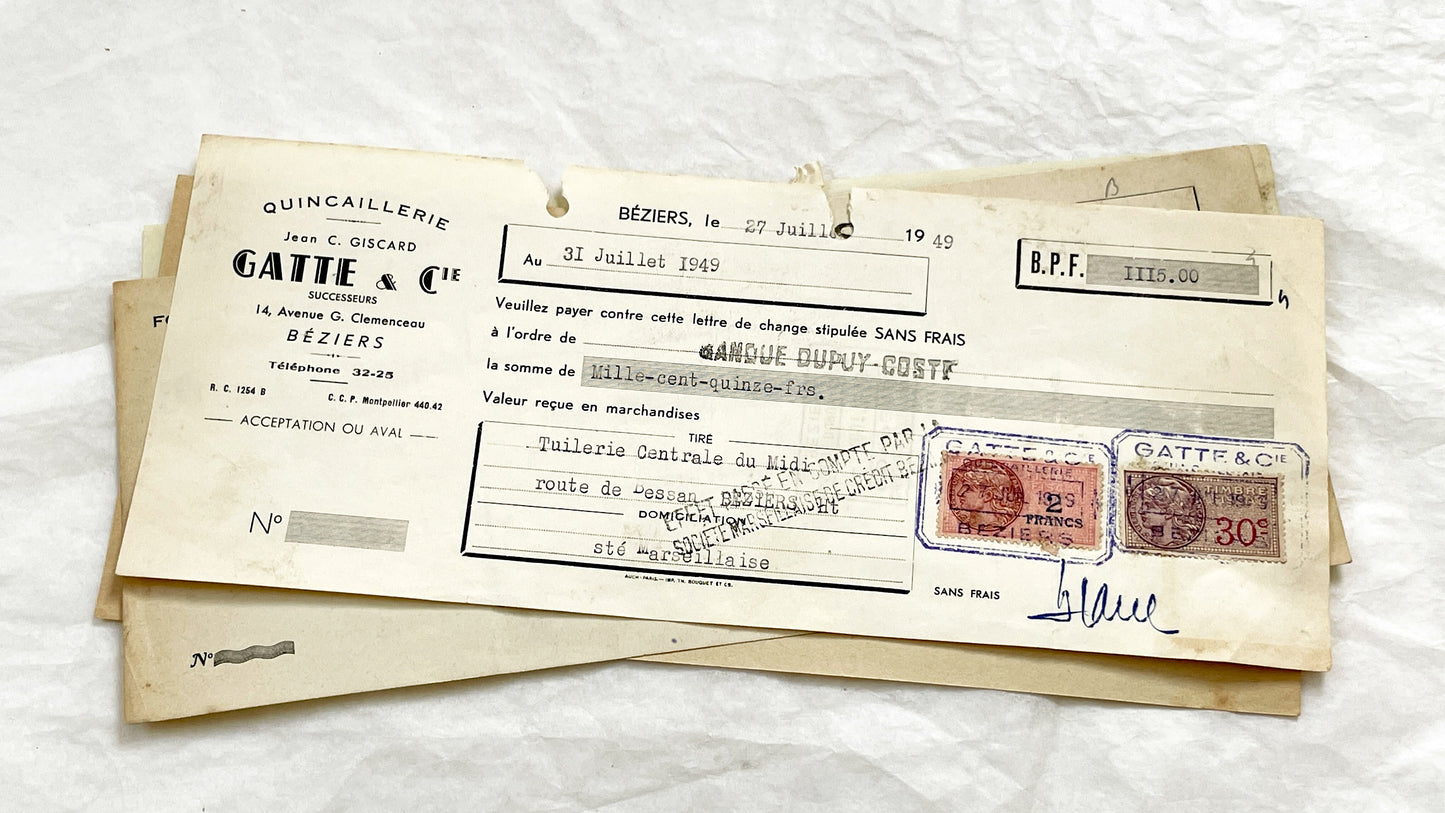 1940s - Lot of 6 Vintage French Bills of Exchange – Handwritten Commercial Documents with Stamps