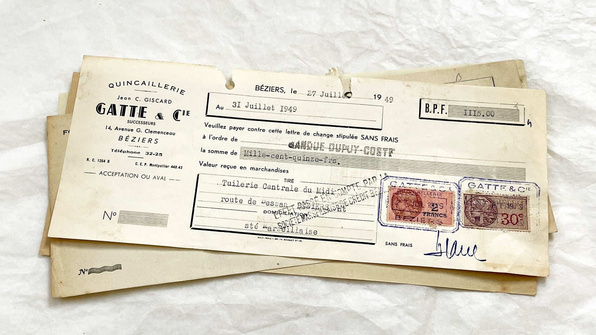 1940s - Lot of 6 Vintage French Bills of Exchange – Handwritten Commercial Documents with Stamps