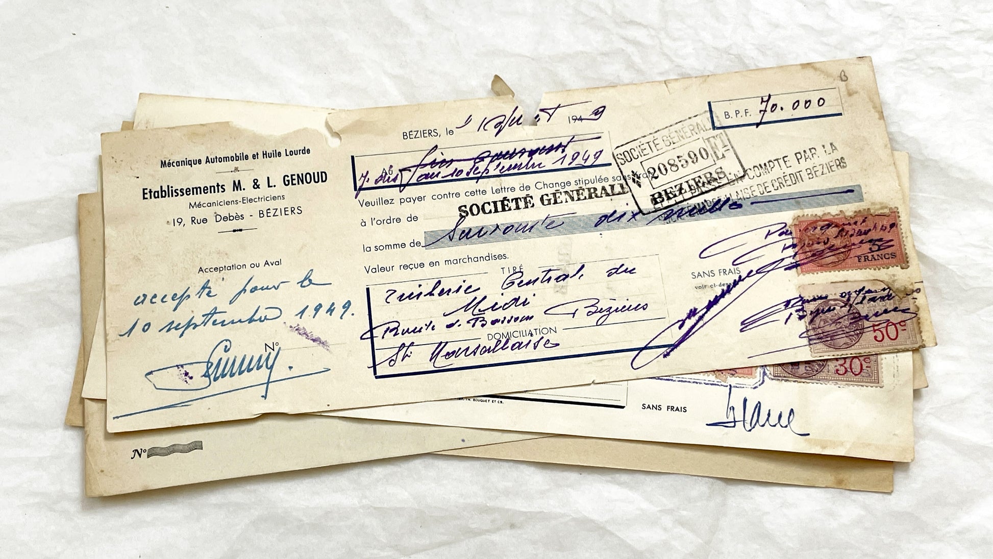 1940s - Lot of 6 Vintage French Bills of Exchange – Handwritten Commercial Documents with Stamps