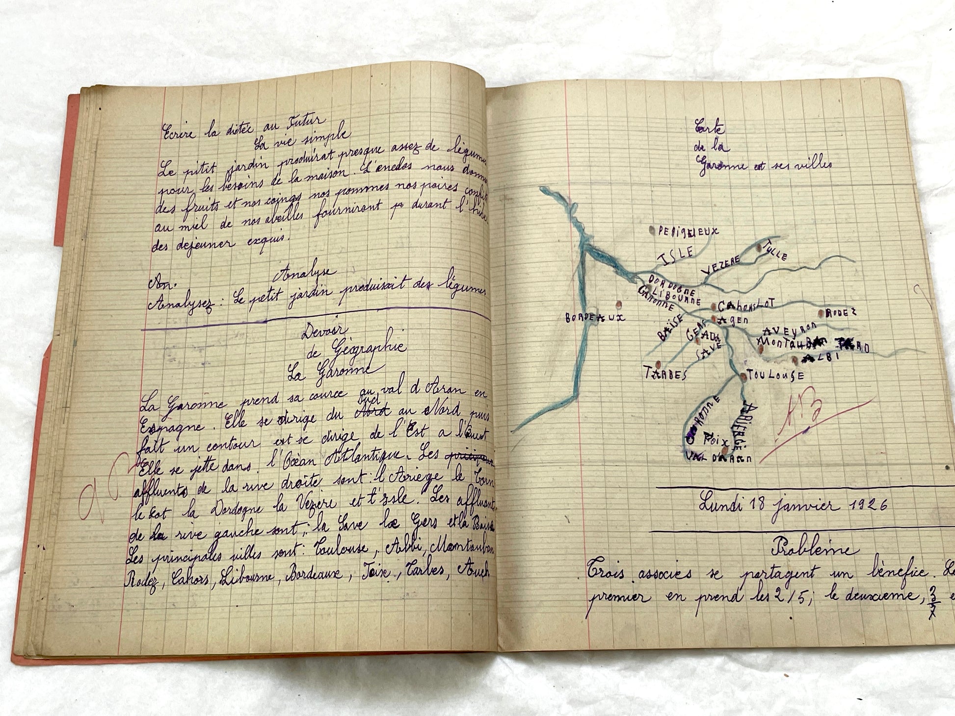 1920s - French Schoolgirl's Antique Class Notebook - Handwritten Lessons & Maps - Vintage Educational Ephemera Manuscript Journal
