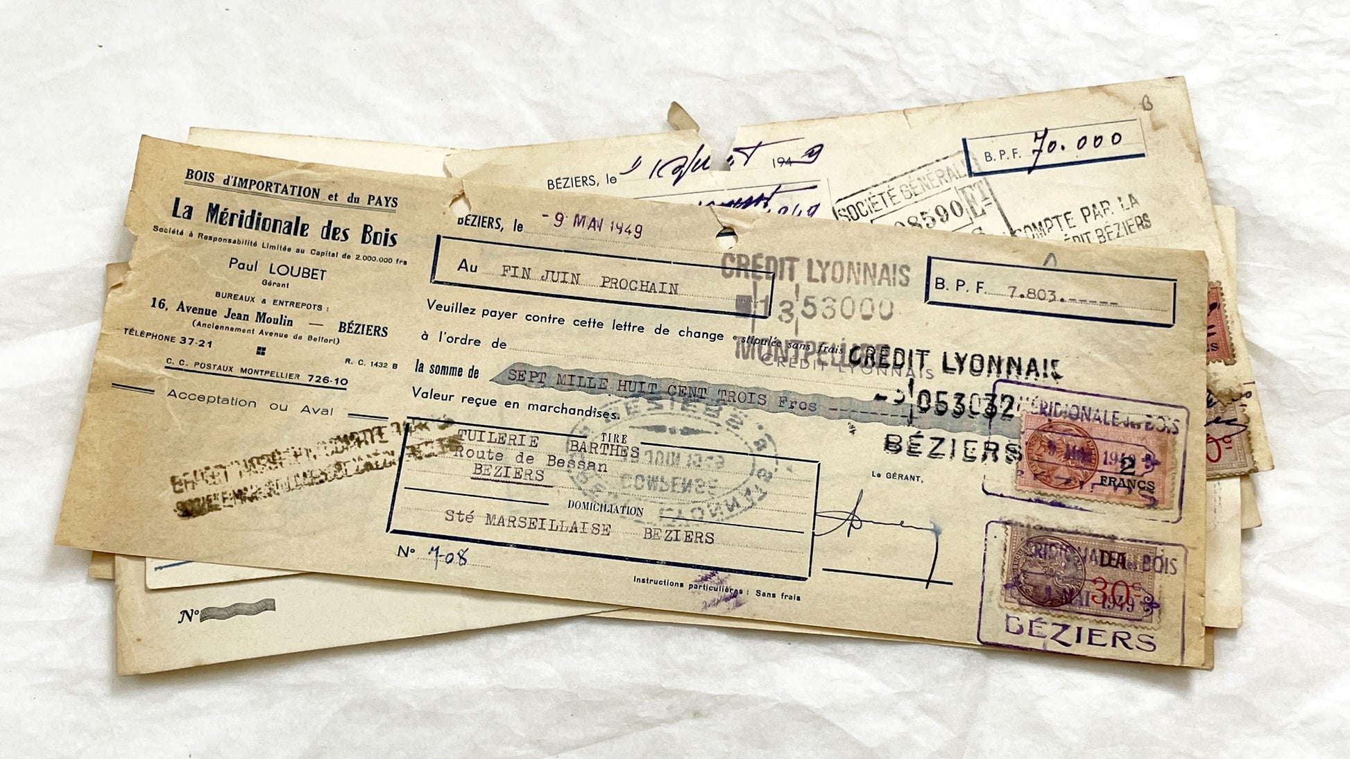1940s - Lot of 6 Vintage French Bills of Exchange – Handwritten Commercial Documents with Stamps