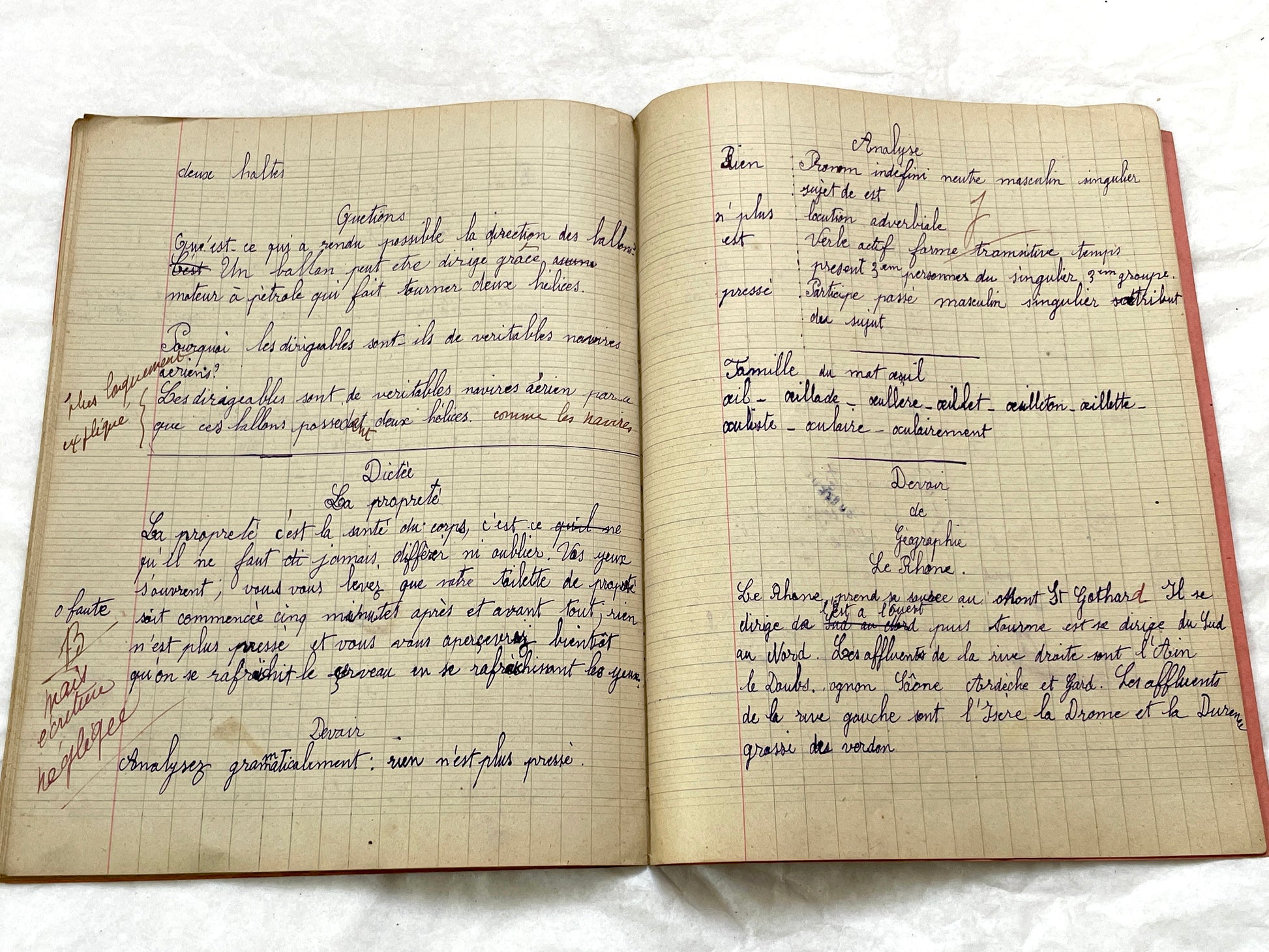 1920s - French Schoolgirl's Antique Class Notebook - Handwritten Lessons & Maps - Vintage Educational Ephemera Manuscript Journal