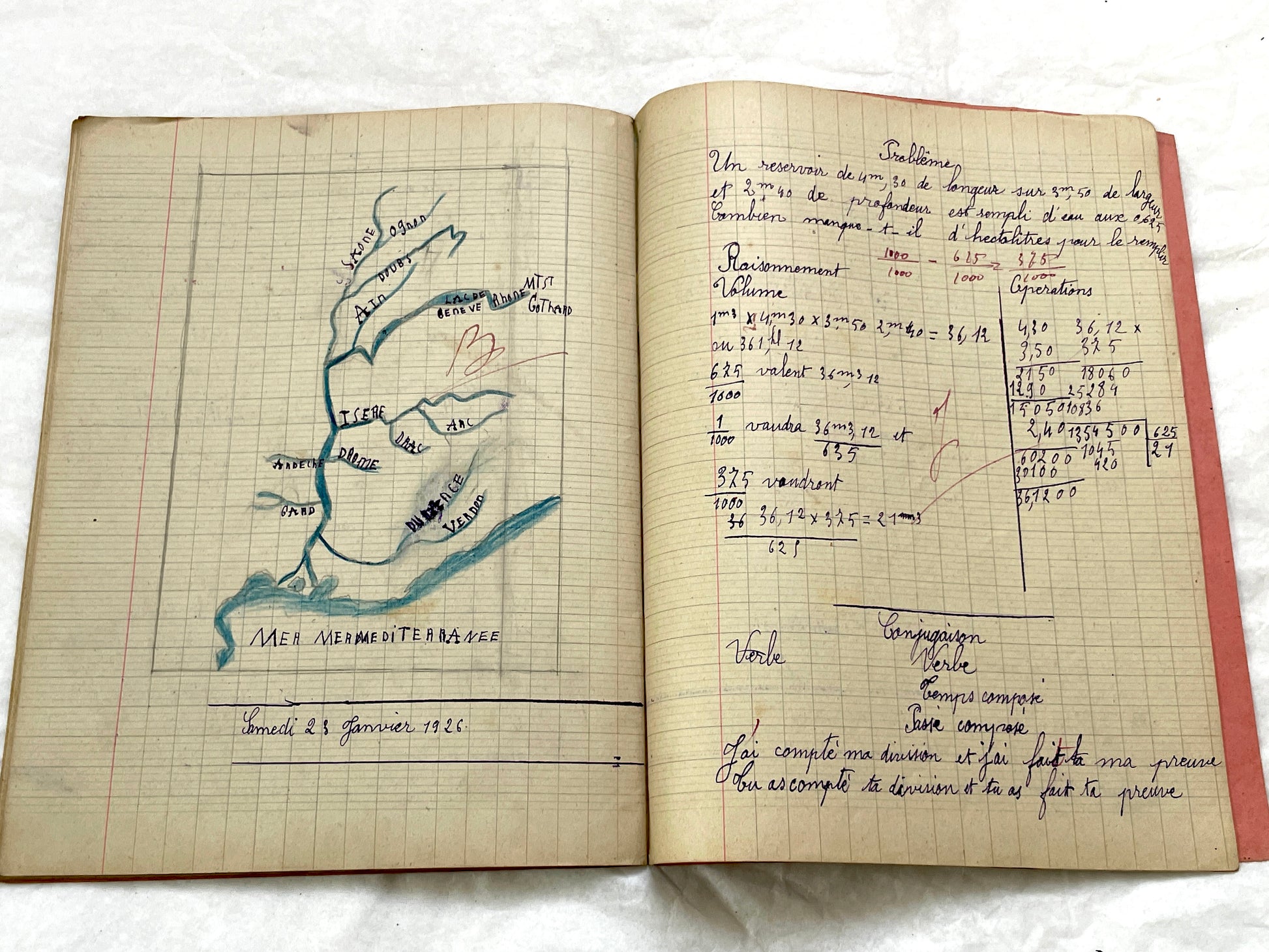 1920s - French Schoolgirl's Antique Class Notebook - Handwritten Lessons & Maps - Vintage Educational Ephemera Manuscript Journal