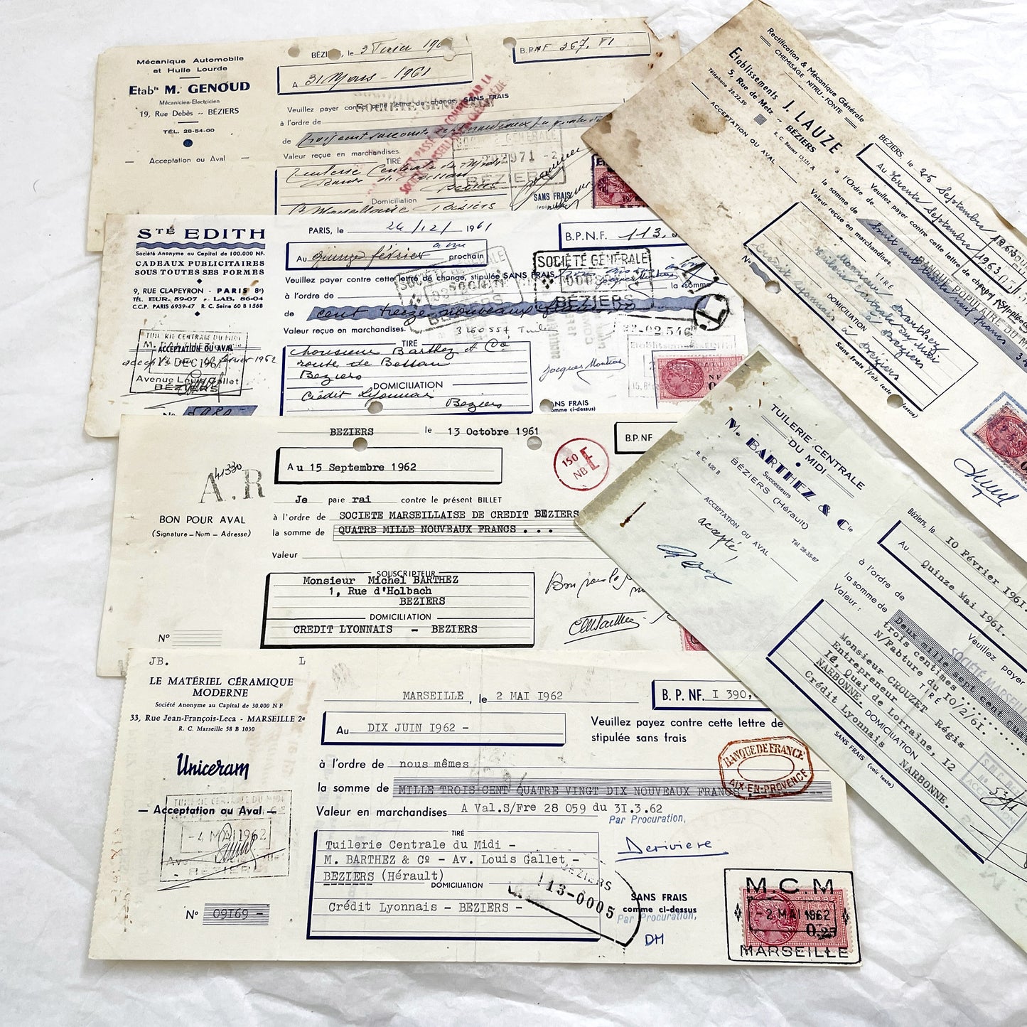 1650s - Lot of 6 Vintage French Bills of Exchange – Handwritten Commercial Documents with Stamps