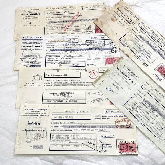 1650s - Lot of 6 Vintage French Bills of Exchange – Handwritten Commercial Documents with Stamps