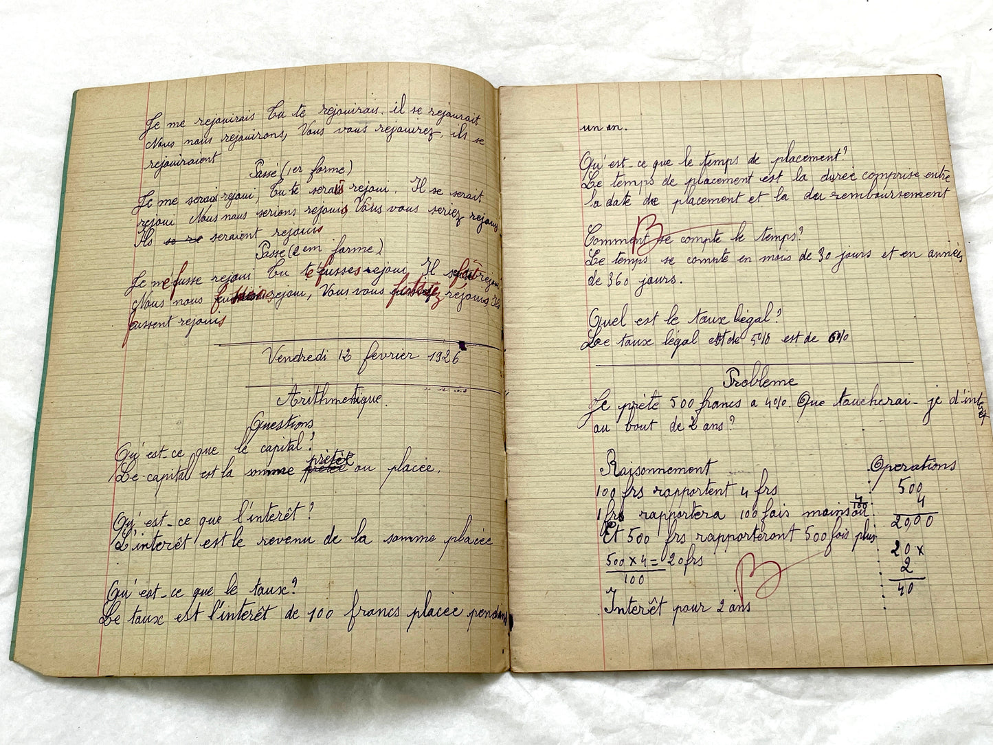 1920s - Vintage French School Notebook - Young Girl's Handwritten Exercises - Historic Classroom Ephemera - Daily Life in France