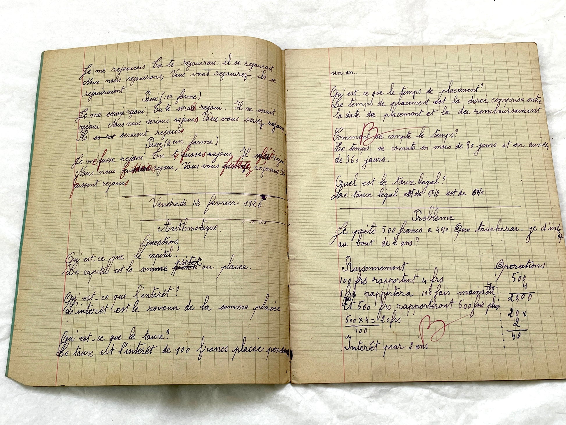 1920s - Vintage French School Notebook - Young Girl's Handwritten Exercises - Historic Classroom Ephemera - Daily Life in France