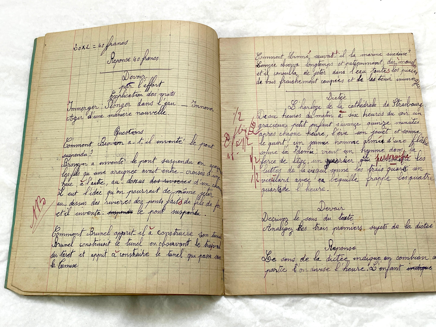1920s - Vintage French School Notebook - Young Girl's Handwritten Exercises - Historic Classroom Ephemera - Daily Life in France