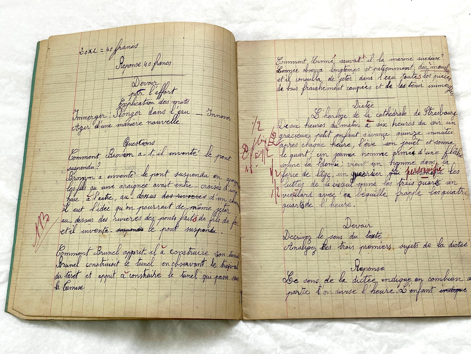 1920s - Vintage French School Notebook - Young Girl's Handwritten Exercises - Historic Classroom Ephemera - Daily Life in France