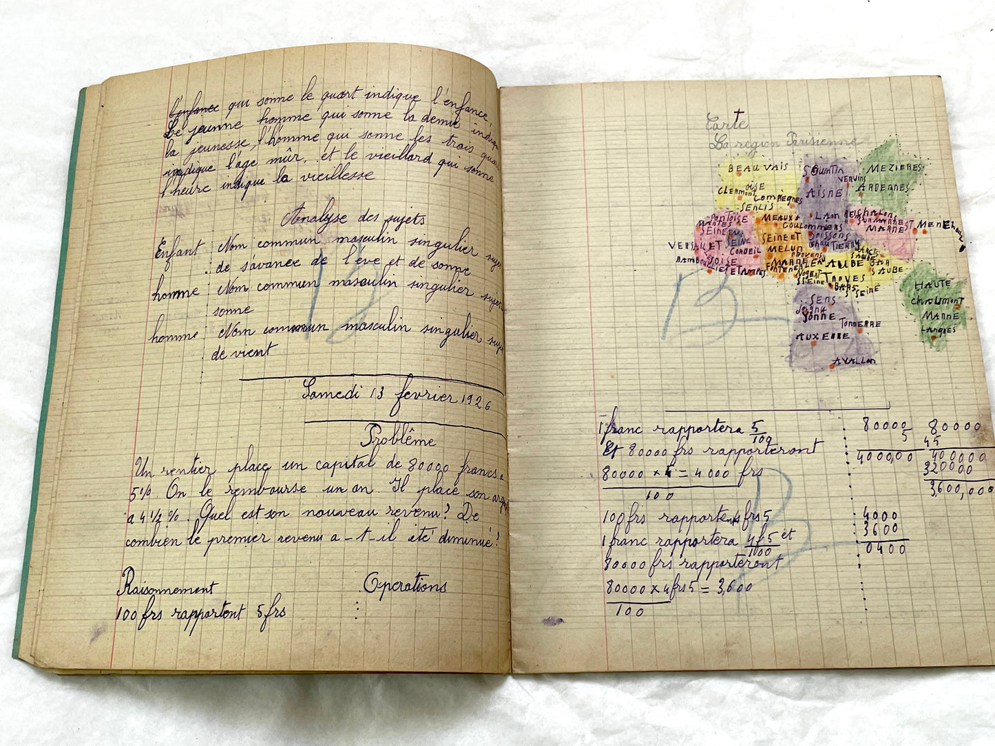 1920s - Vintage French School Notebook - Young Girl's Handwritten Exercises - Historic Classroom Ephemera - Daily Life in France