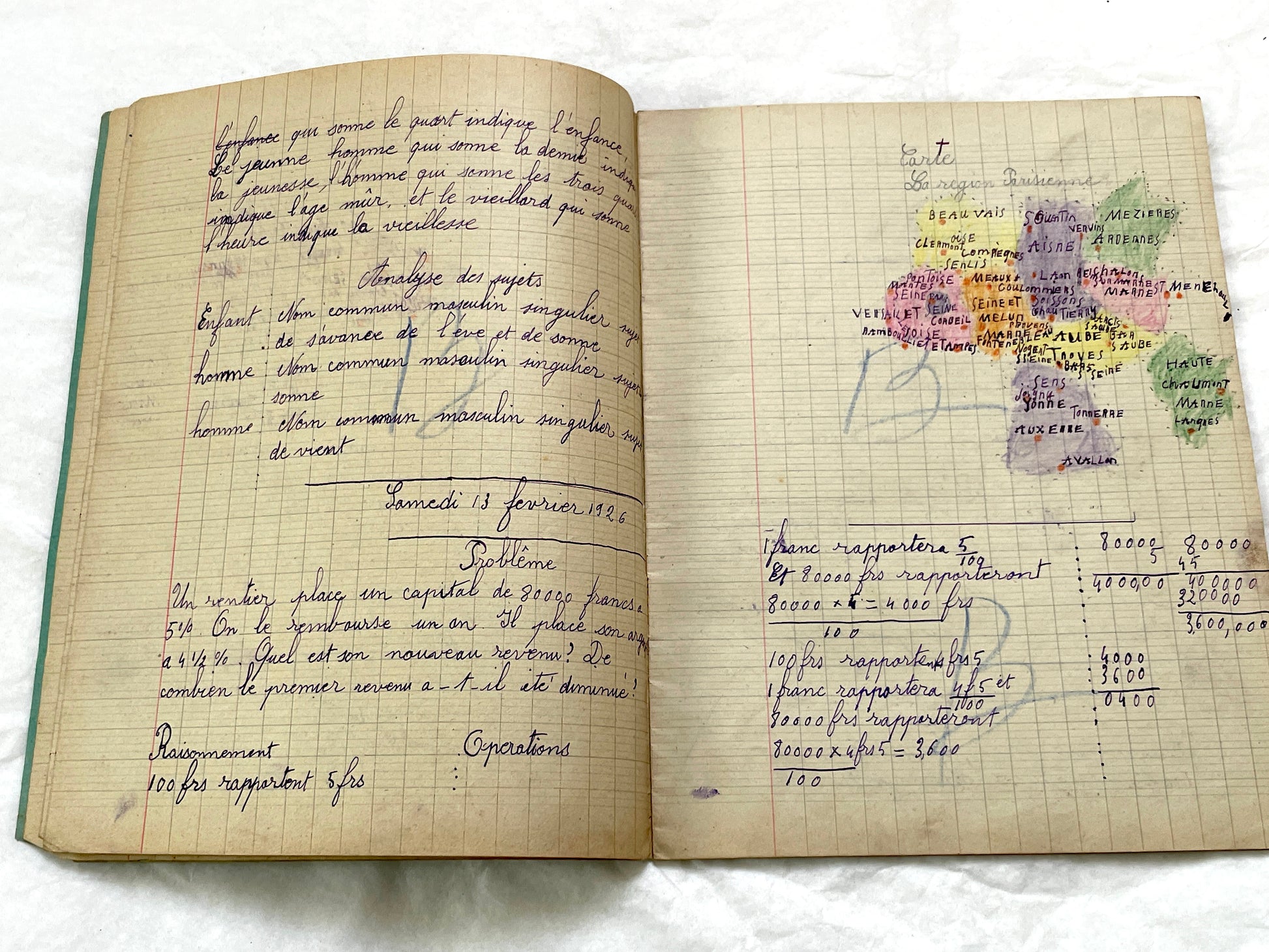 1920s - Vintage French School Notebook - Young Girl's Handwritten Exercises - Historic Classroom Ephemera - Daily Life in France