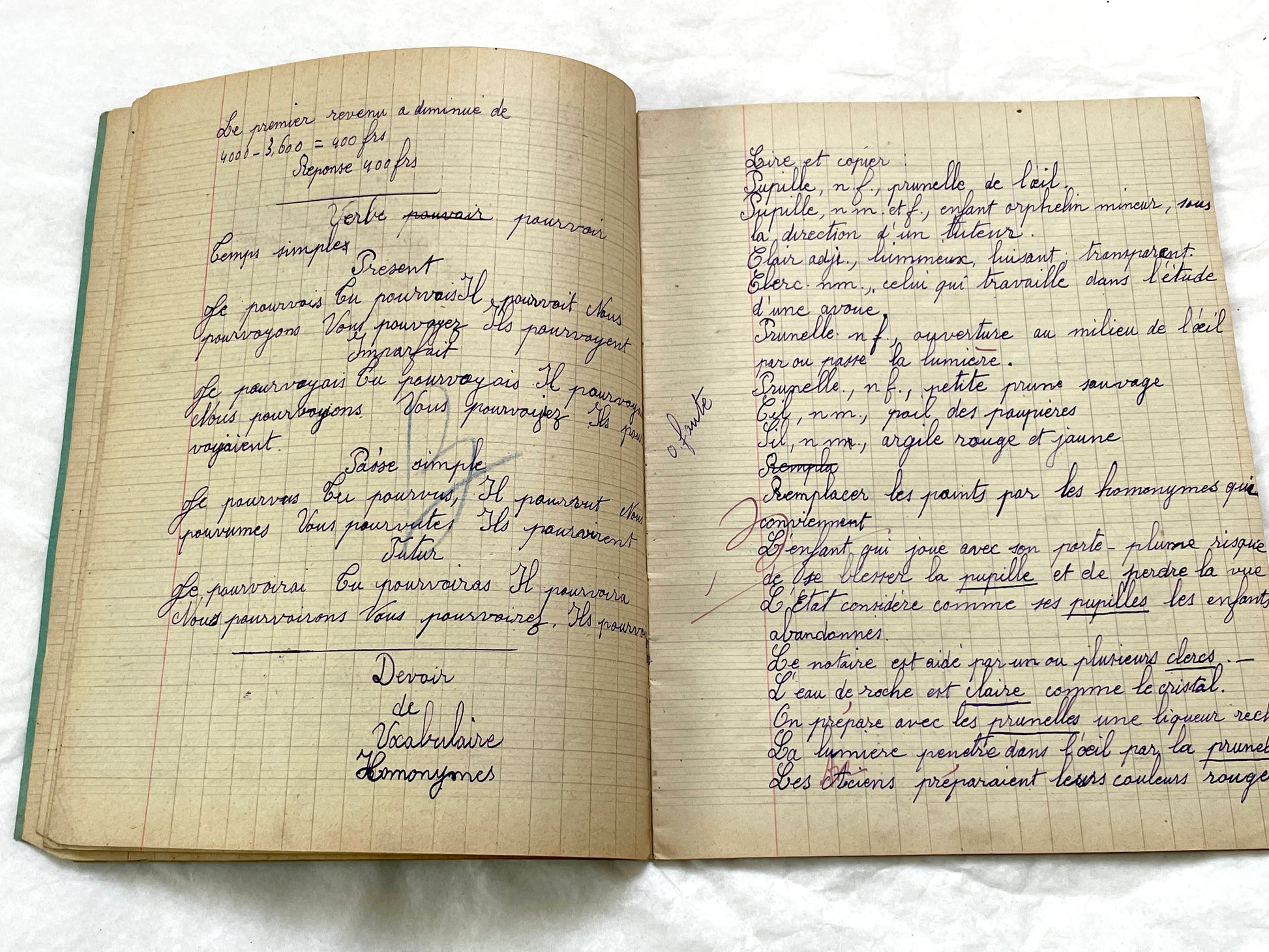 1920s - Vintage French School Notebook - Young Girl's Handwritten Exercises - Historic Classroom Ephemera - Daily Life in France