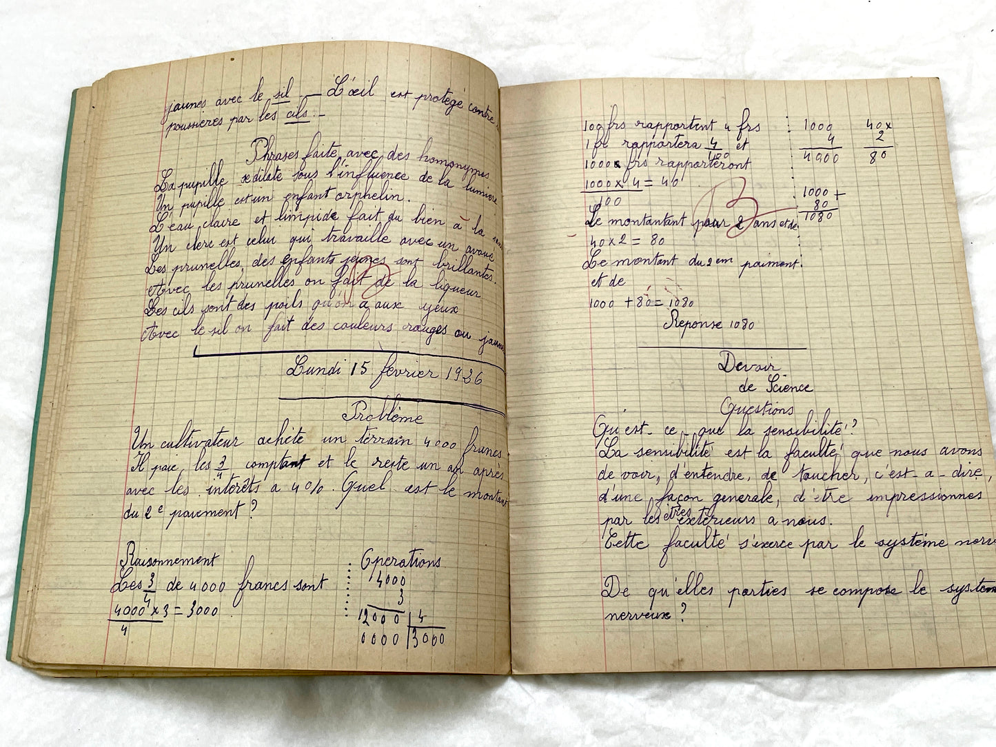 1920s - Vintage French School Notebook - Young Girl's Handwritten Exercises - Historic Classroom Ephemera - Daily Life in France