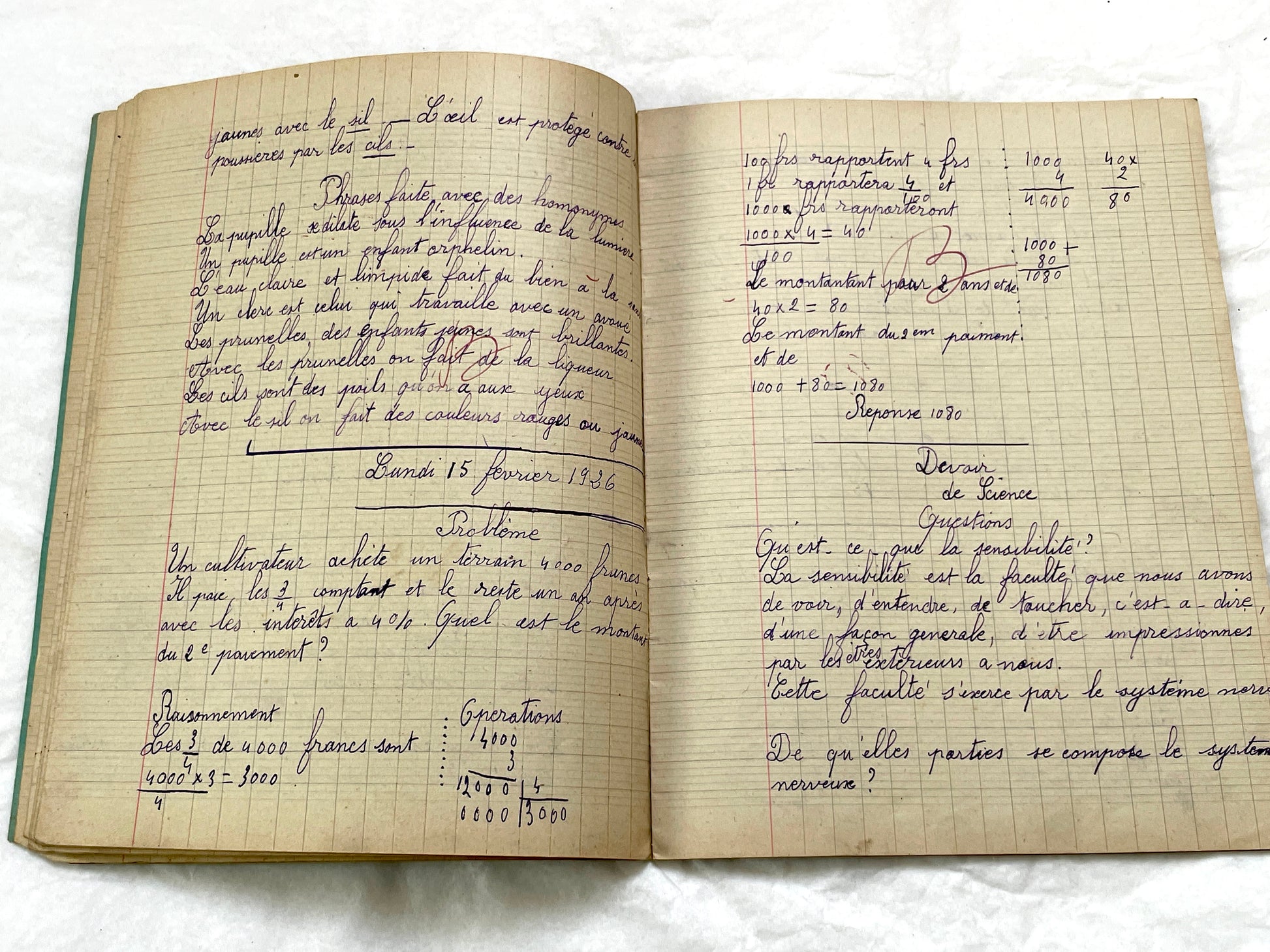 1920s - Vintage French School Notebook - Young Girl's Handwritten Exercises - Historic Classroom Ephemera - Daily Life in France