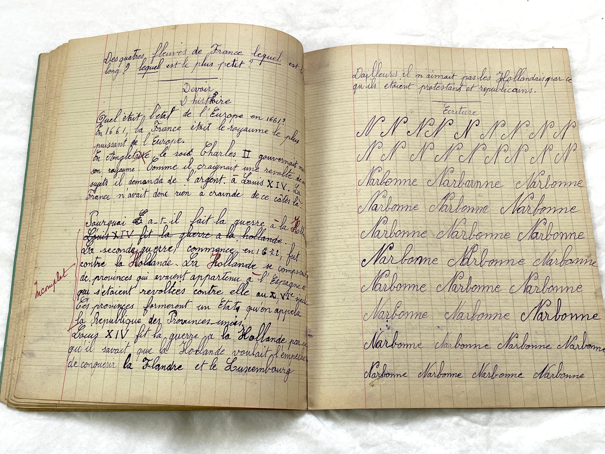 1920s - Vintage French School Notebook - Young Girl's Handwritten Exercises - Historic Classroom Ephemera - Daily Life in France