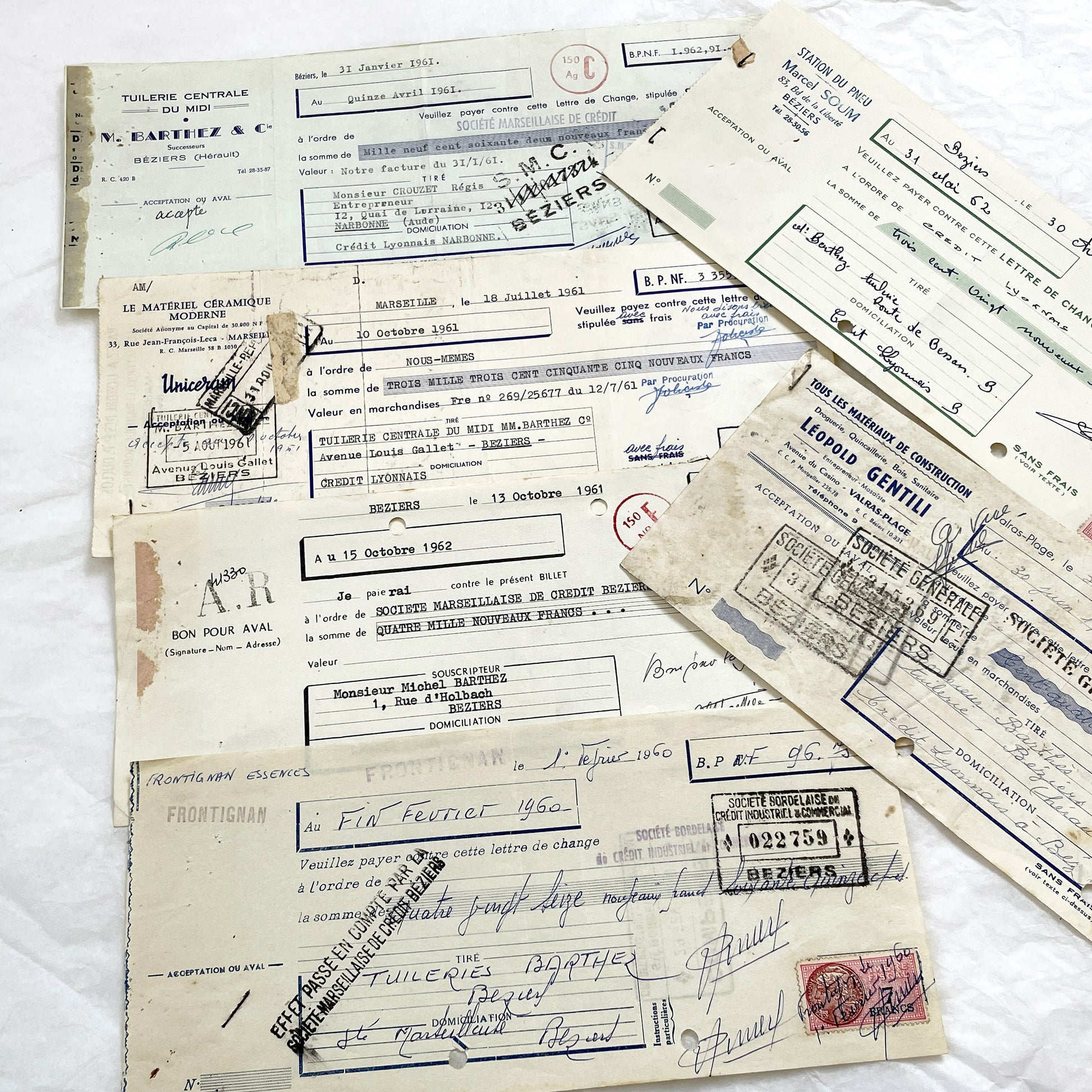 1650s - Lot of 6 Vintage French Bills of Exchange – Handwritten Commercial Documents with Stamps