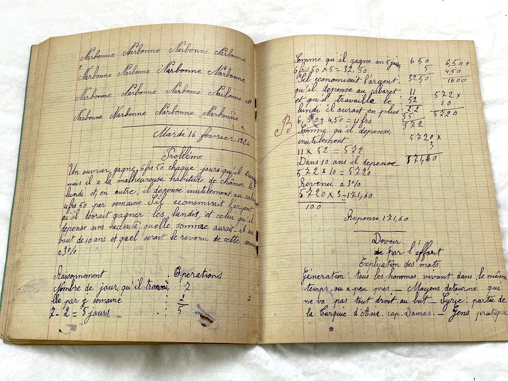 1920s - Vintage French School Notebook - Young Girl's Handwritten Exercises - Historic Classroom Ephemera - Daily Life in France