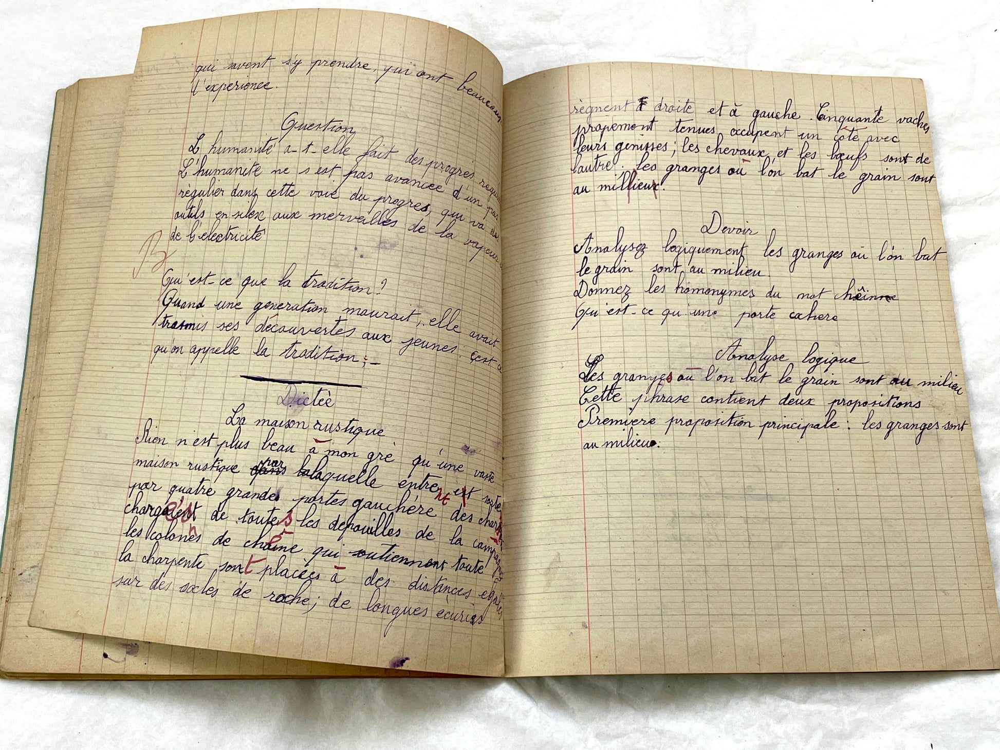 1920s - Vintage French School Notebook - Young Girl's Handwritten Exercises - Historic Classroom Ephemera - Daily Life in France