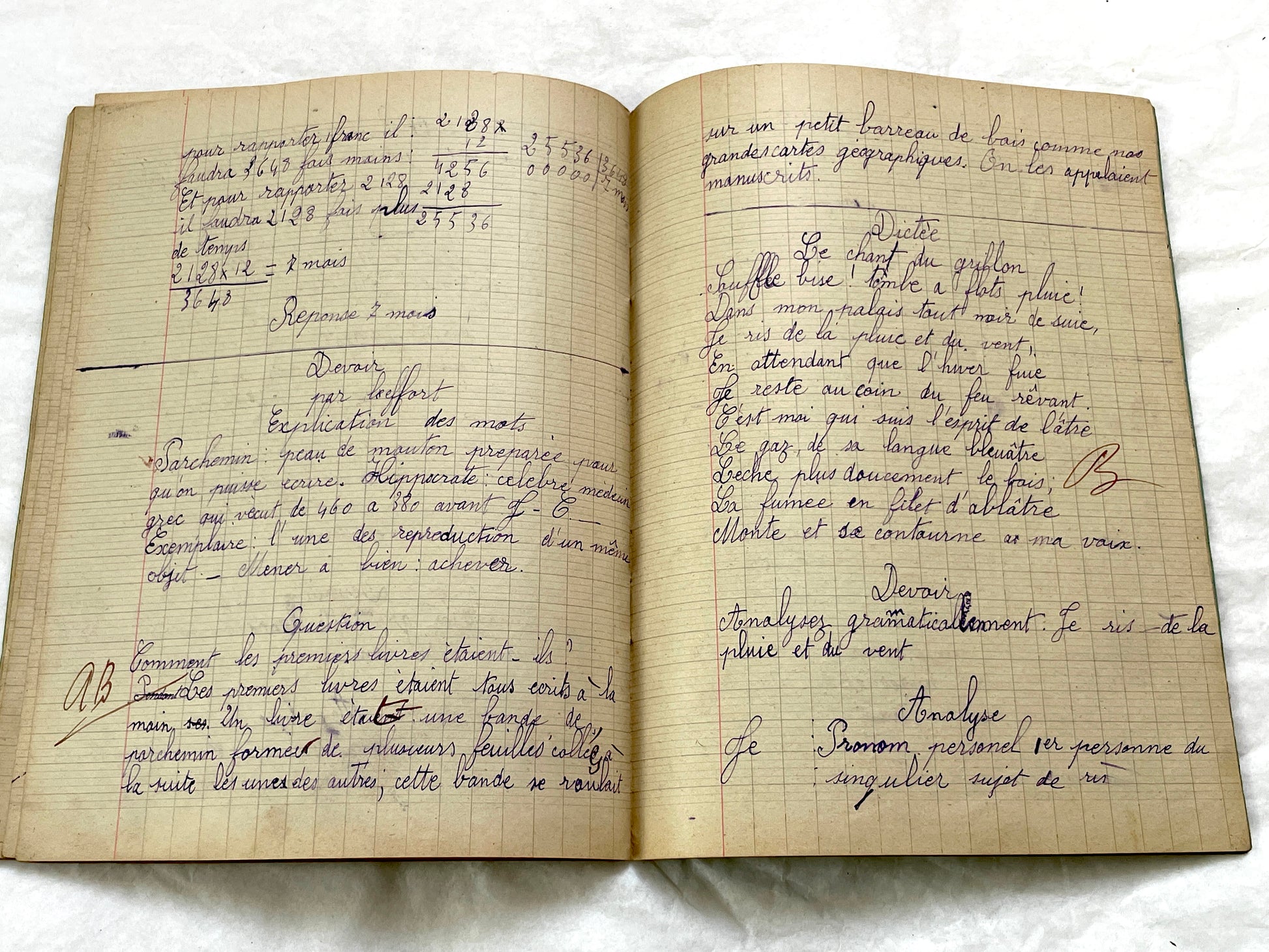 1920s - Vintage French School Notebook - Young Girl's Handwritten Exercises - Historic Classroom Ephemera - Daily Life in France