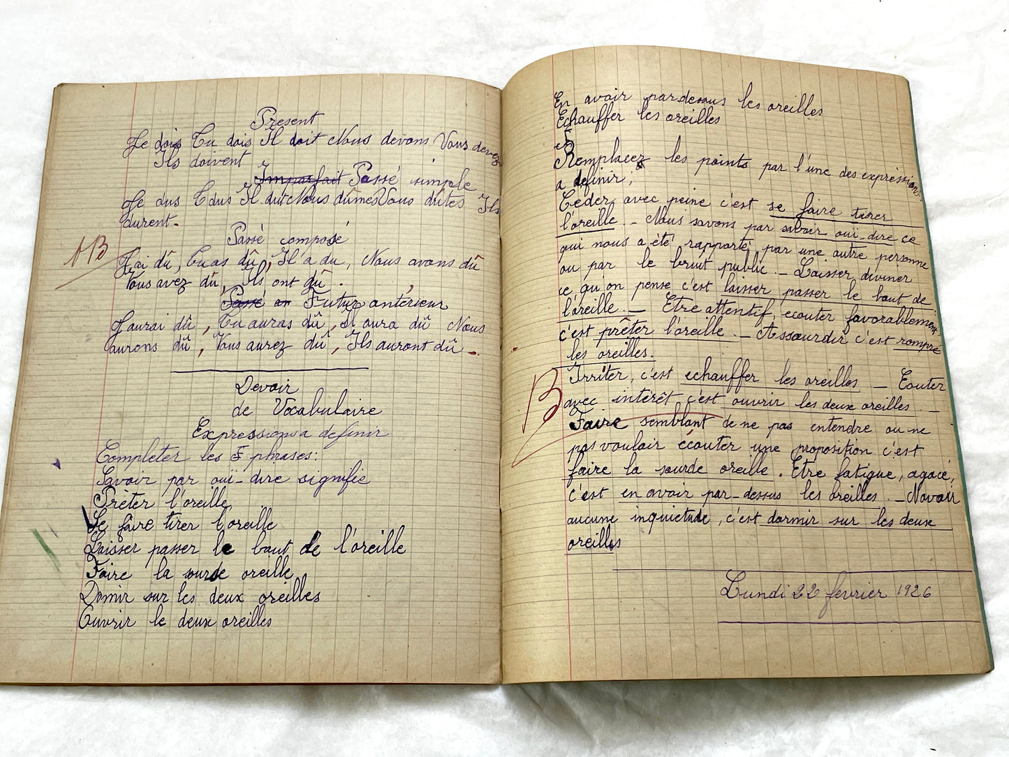 1920s - Vintage French School Notebook - Young Girl's Handwritten Exercises - Historic Classroom Ephemera - Daily Life in France