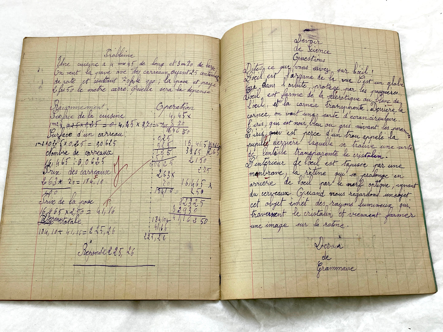 1920s - Vintage French School Notebook - Young Girl's Handwritten Exercises - Historic Classroom Ephemera - Daily Life in France