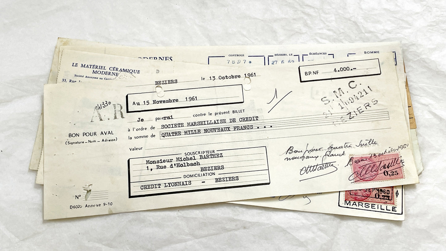 1650s - Lot of 6 Vintage French Bills of Exchange – Handwritten Commercial Documents with Stamps