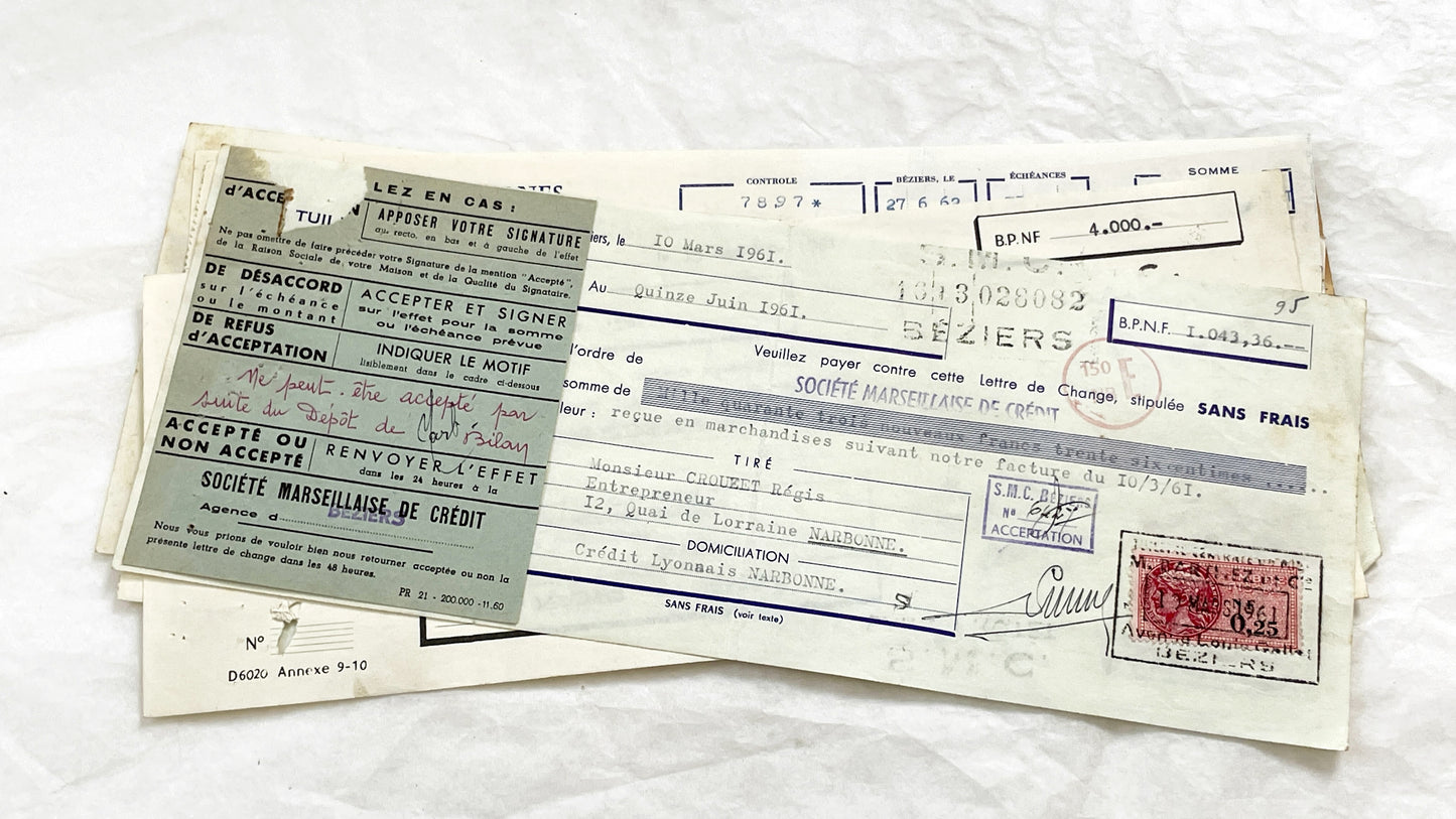 1650s - Lot of 6 Vintage French Bills of Exchange – Handwritten Commercial Documents with Stamps
