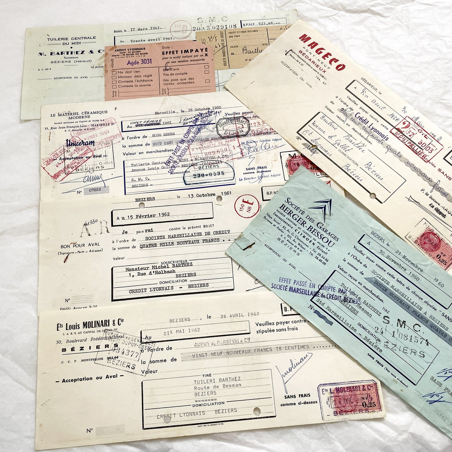 1650s - Lot of 6 Vintage French Bills of Exchange – Handwritten Commercial Documents with Stamps